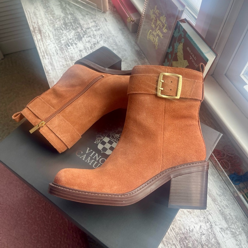 Vince Camuto Brown Suede Ankle Booties with Gold Buckle